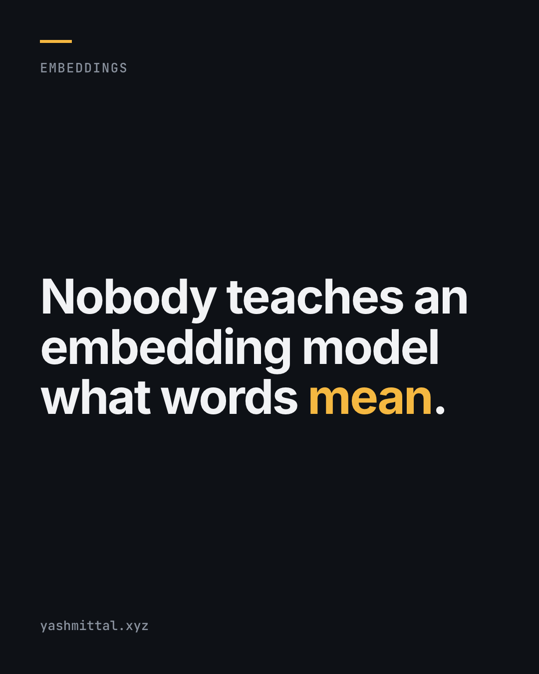 Claim card reading: Nobody teaches an embedding model what words mean.